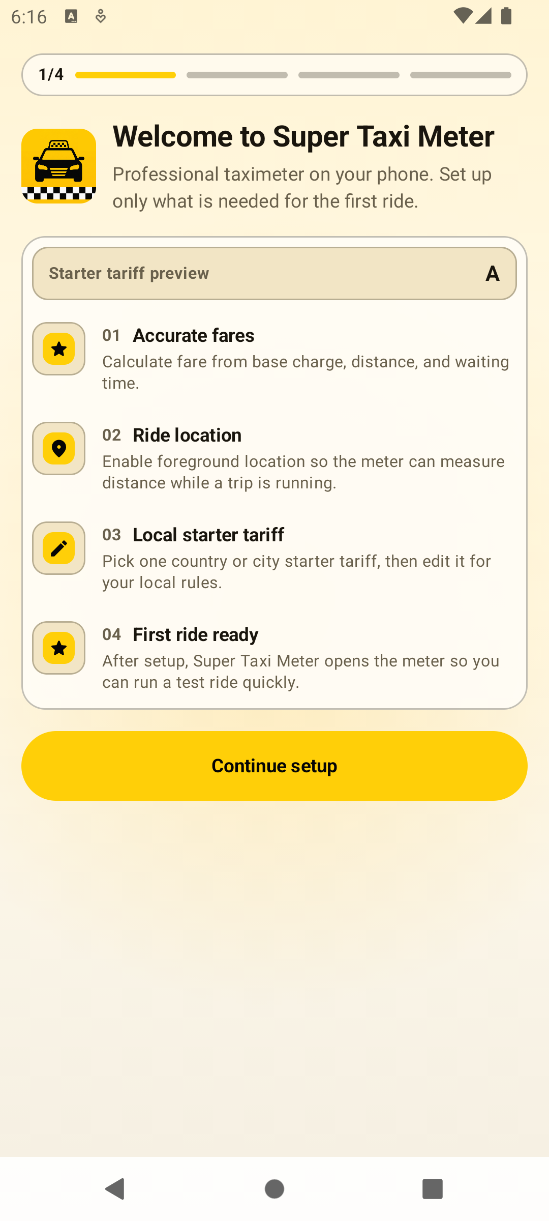 Super Taxi Meter welcome screen showing the first setup step and starter tariff preview