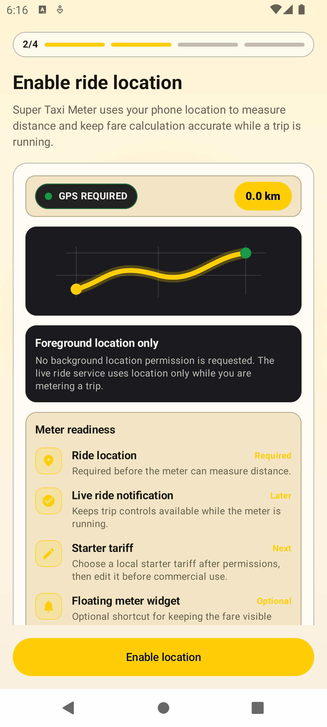 Enable ride location onboarding screen explaining foreground location and meter readiness