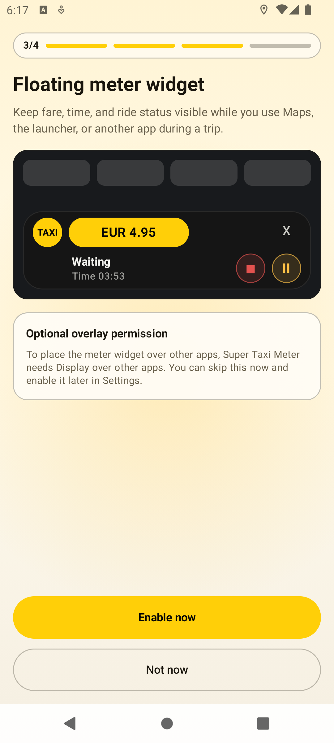 Floating meter widget onboarding screen with optional overlay permission explanation