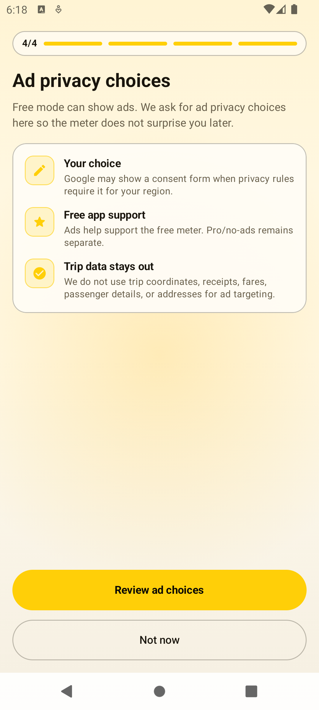 Ad privacy choices onboarding screen explaining free app support and trip data privacy