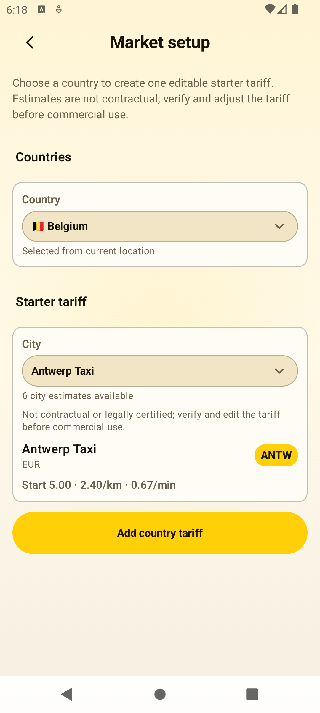 Market setup screen with Belgium and Antwerp Taxi starter tariff selected