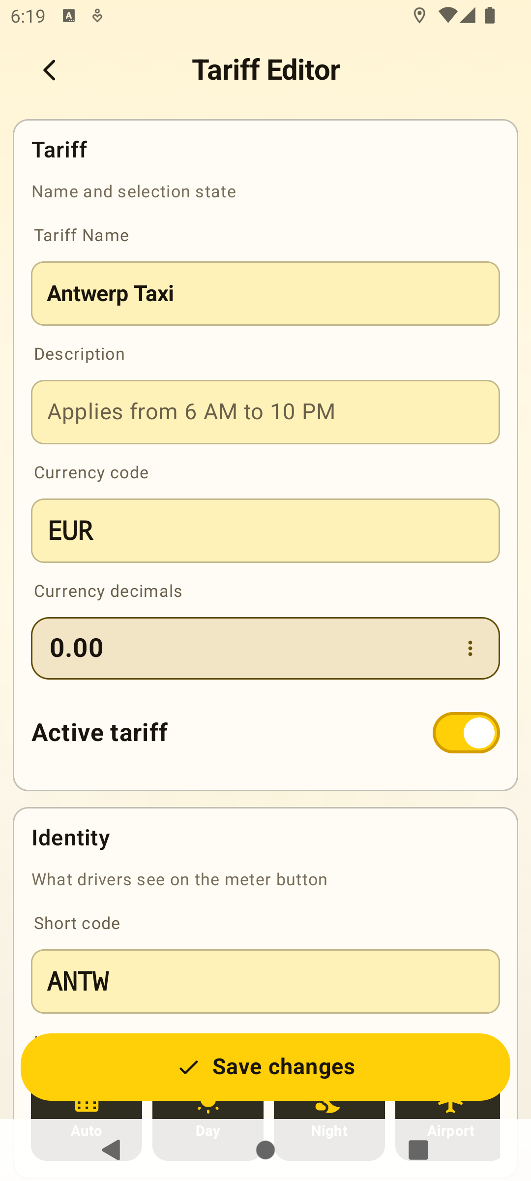 Tariff editor showing Antwerp Taxi, EUR currency, active tariff, and short code fields