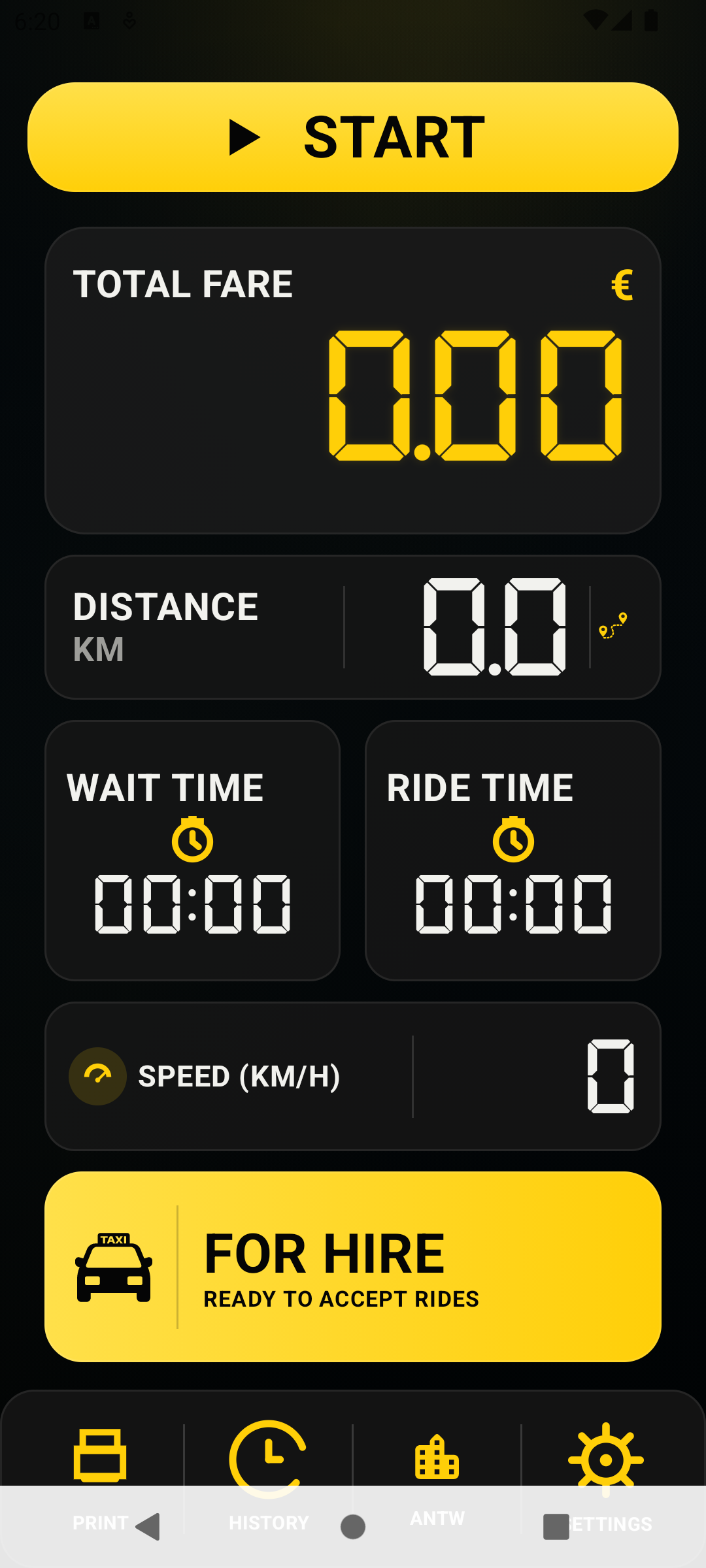 Main meter screen ready for hire with zero fare and active tariff button