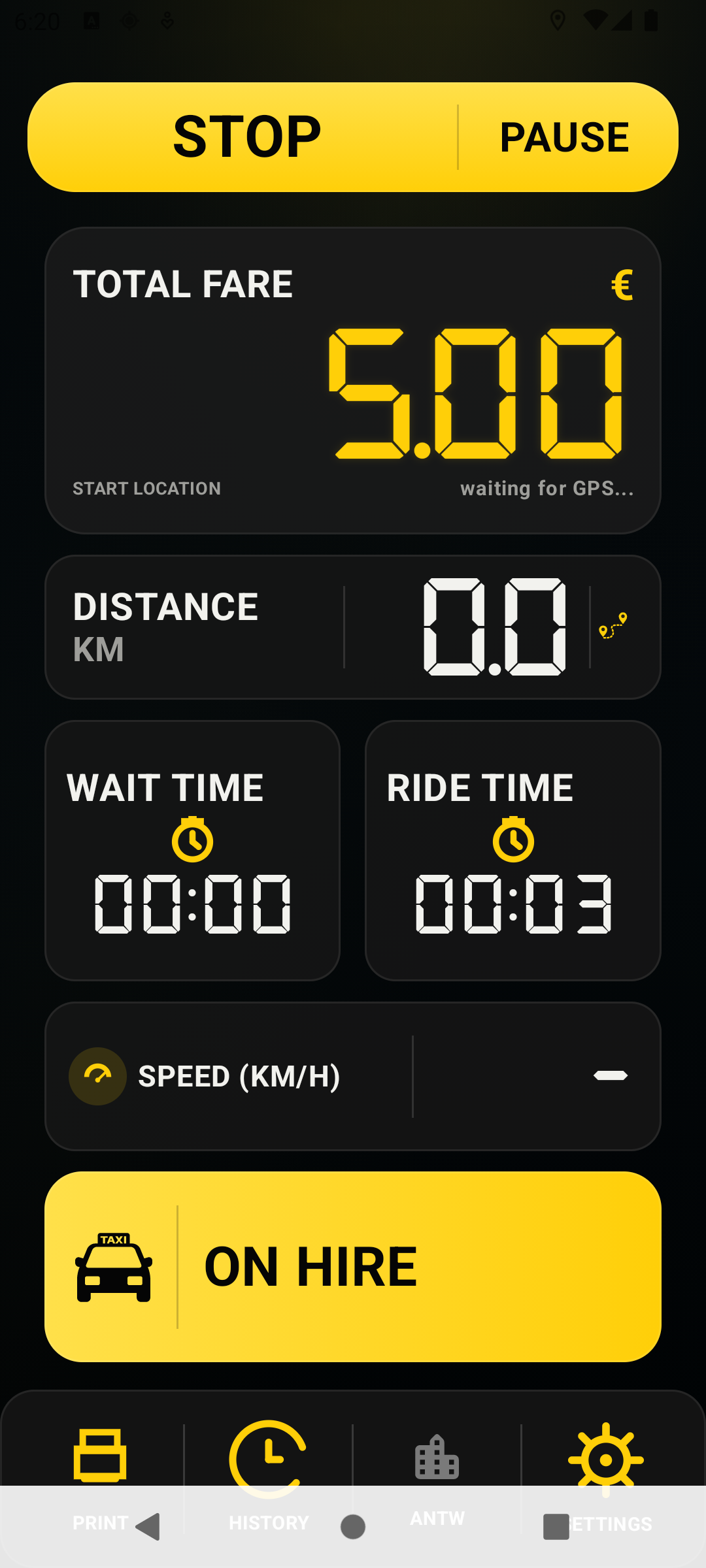 Meter running screen with Stop and Pause actions and a live total fare
