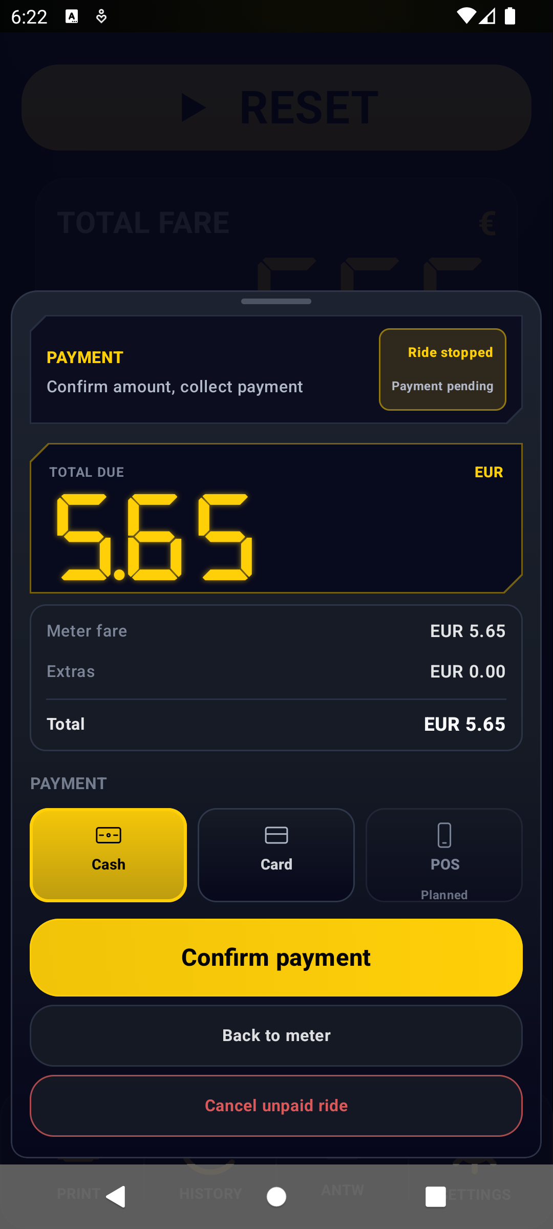 Payment sheet showing total due, cash card and planned POS options