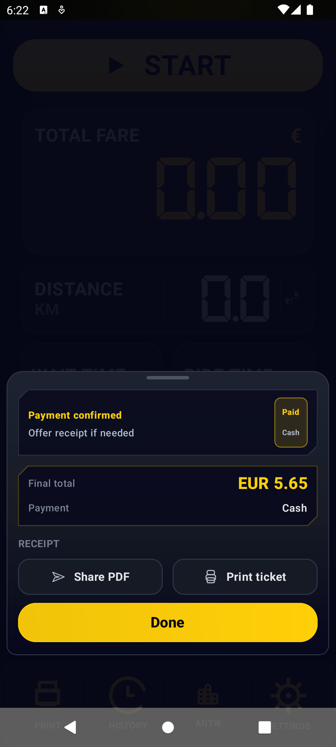 Receipt actions after payment showing Share PDF and Print ticket buttons
