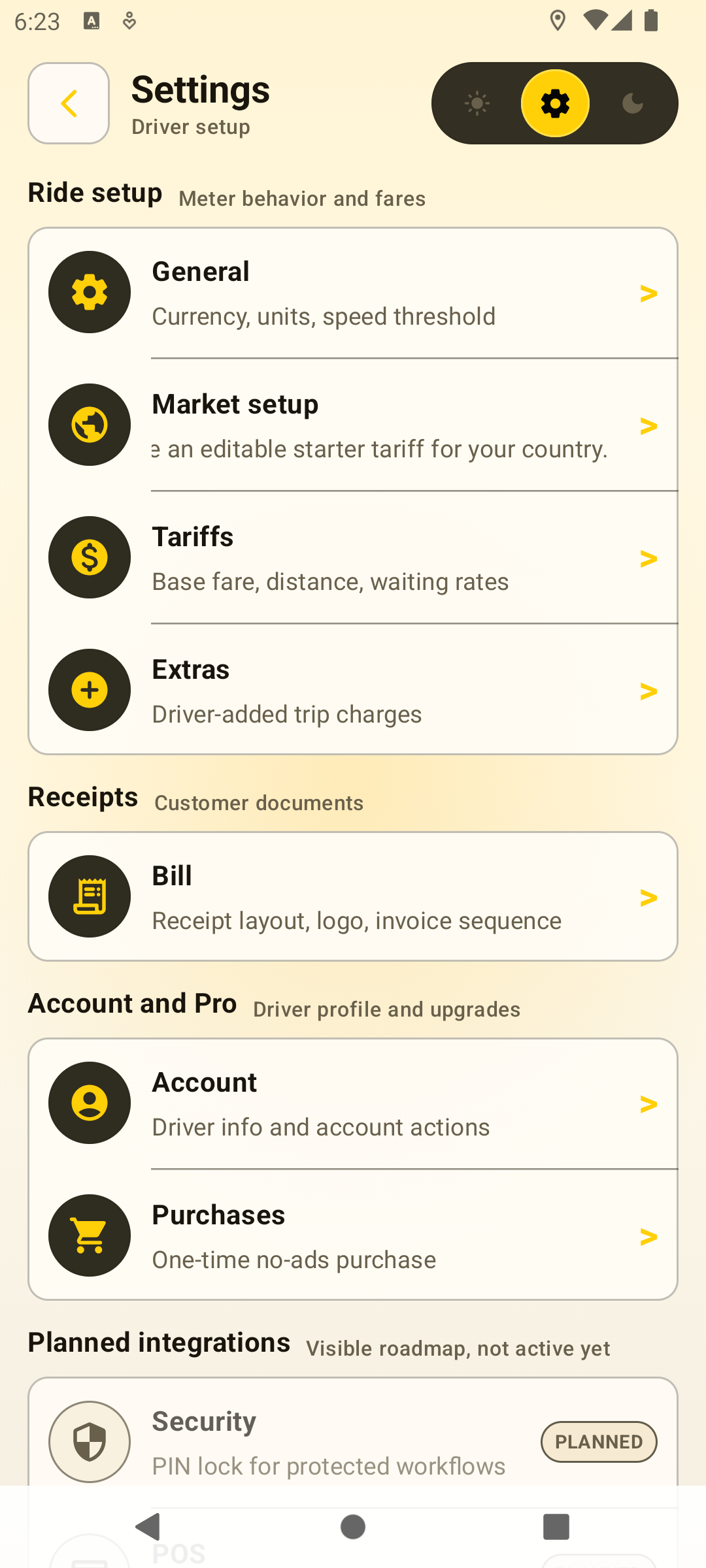 Settings root screen showing General, Market setup, Tariffs, Extras, Bill, Account, Purchases, and planned integrations