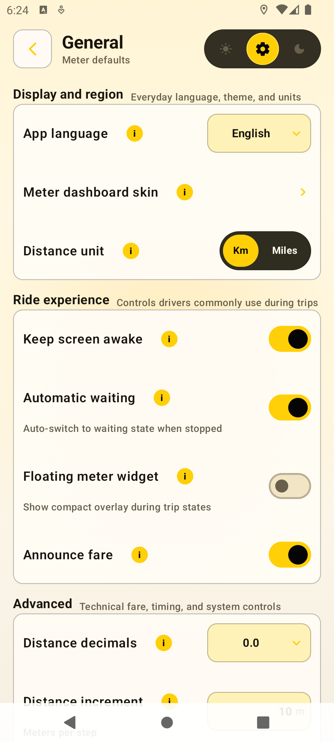 General settings screen showing language, meter dashboard skin, distance unit, ride experience, and advanced settings