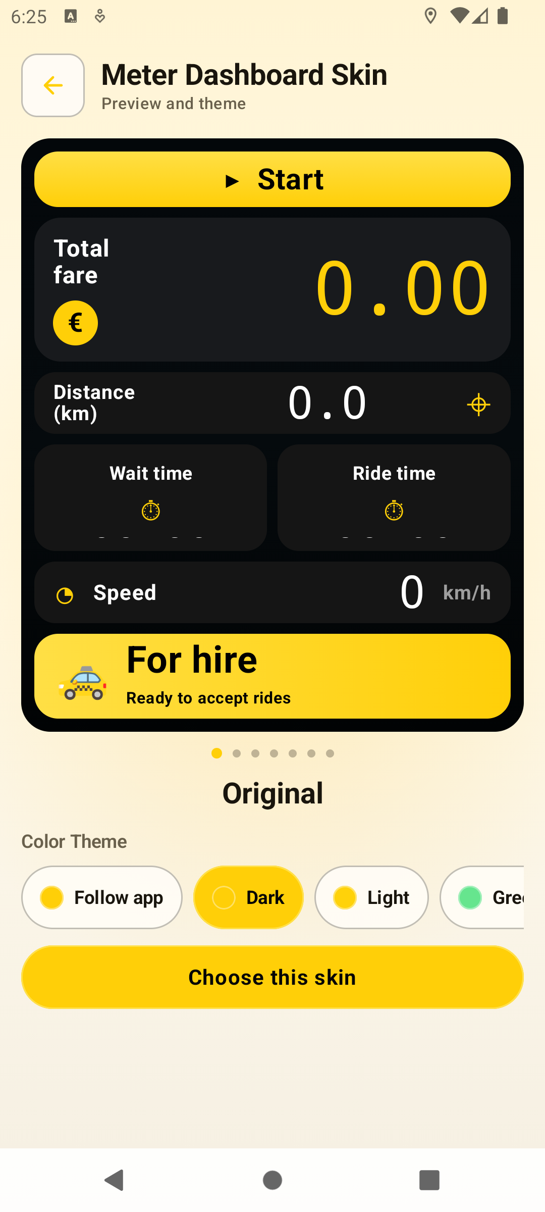 Meter Dashboard Skin settings screen showing Original skin preview and color theme selector