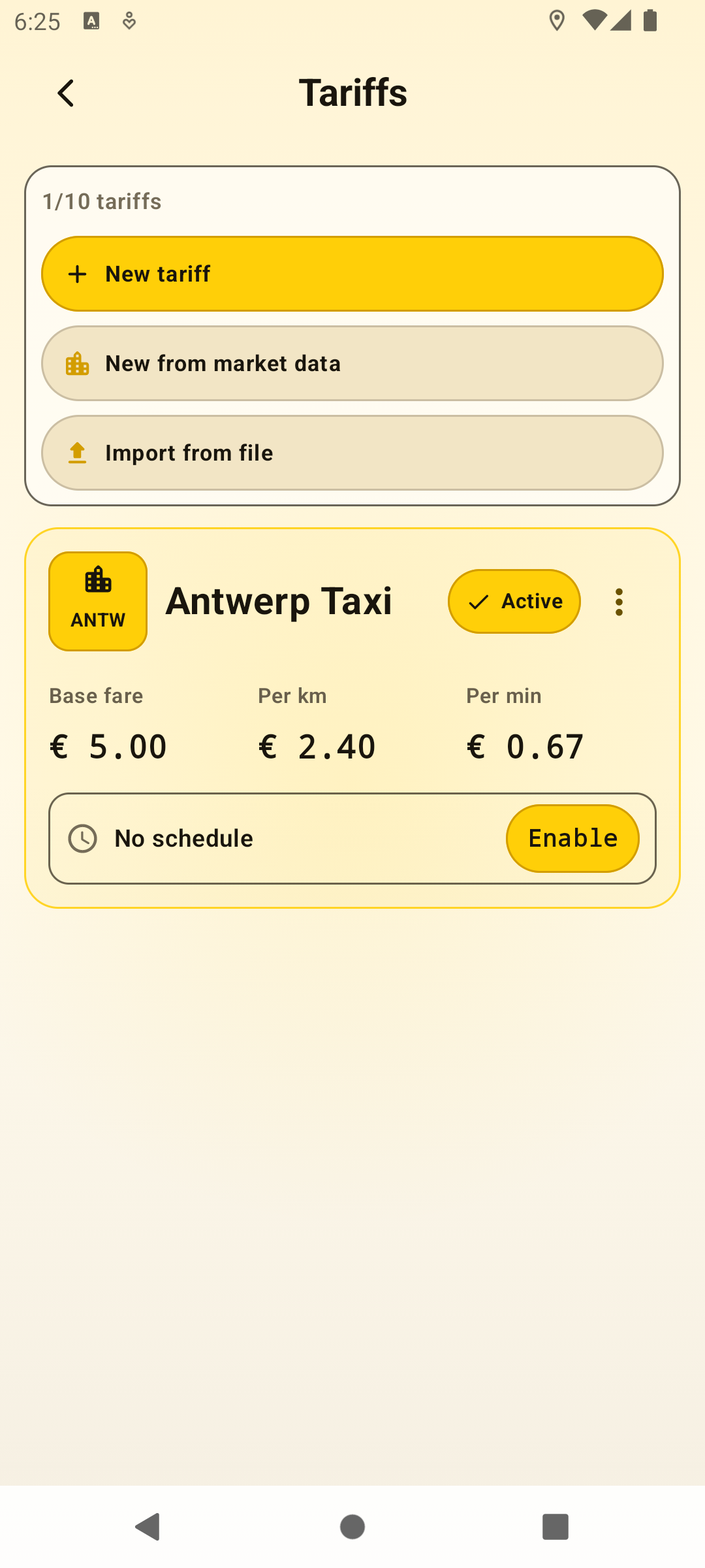 Tariffs settings screen showing one active Antwerp Taxi tariff and tariff creation actions