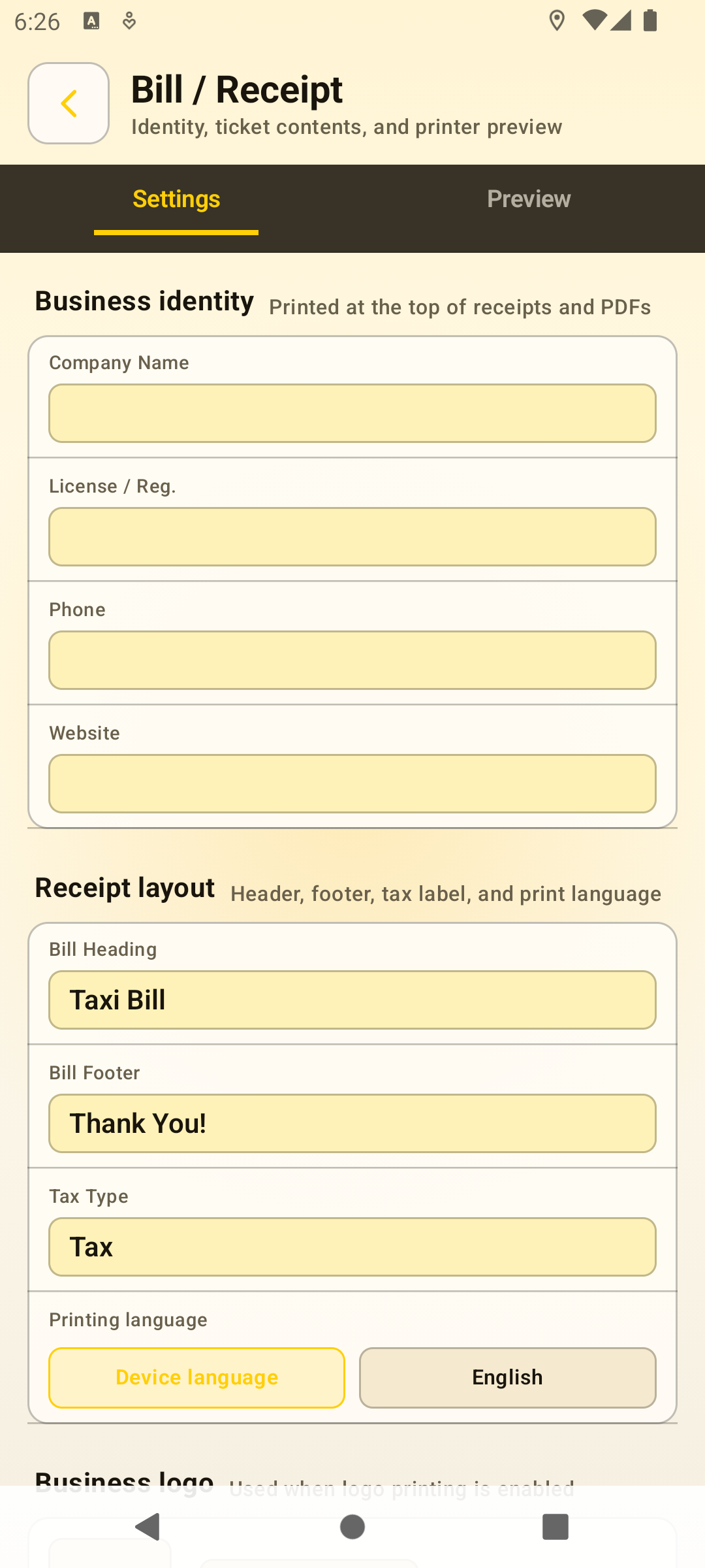 Bill and receipt settings screen with business identity and receipt layout fields
