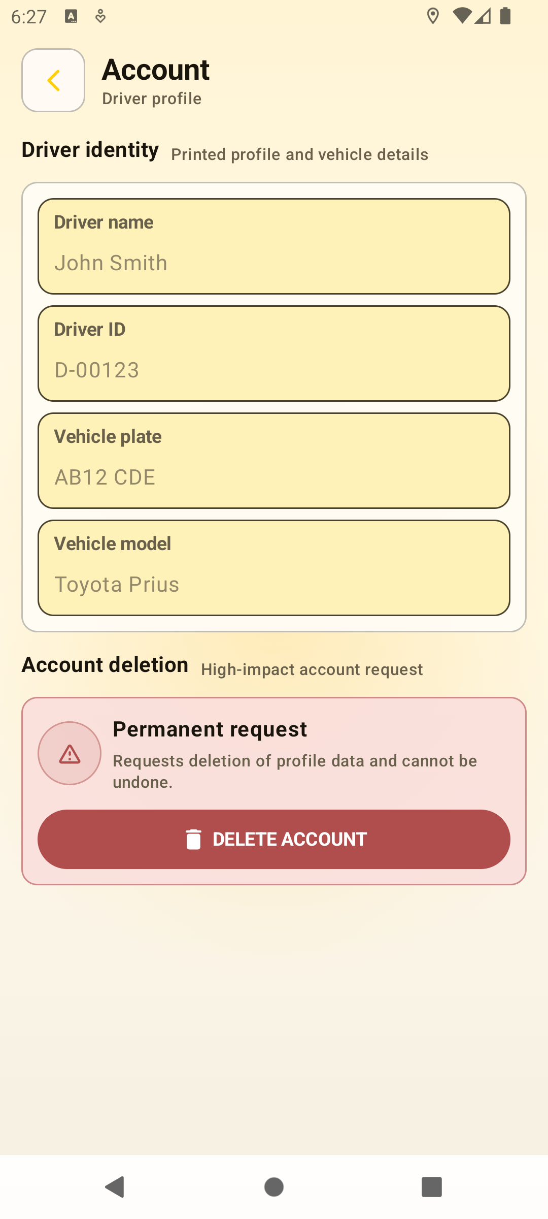 Account settings screen showing driver name, driver ID, vehicle plate, vehicle model, and account deletion area