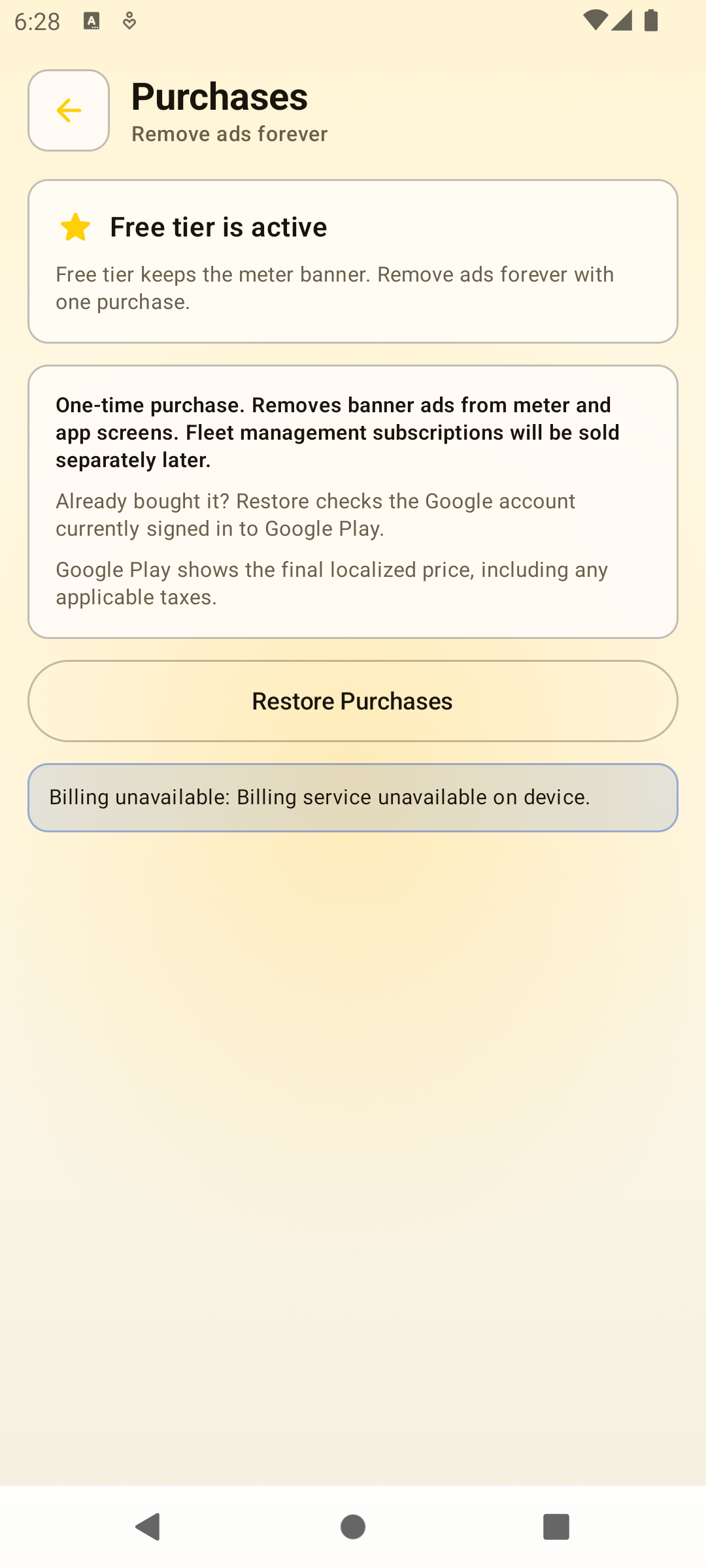 Purchases screen explaining the free tier, one-time no-ads purchase, restore, and billing status